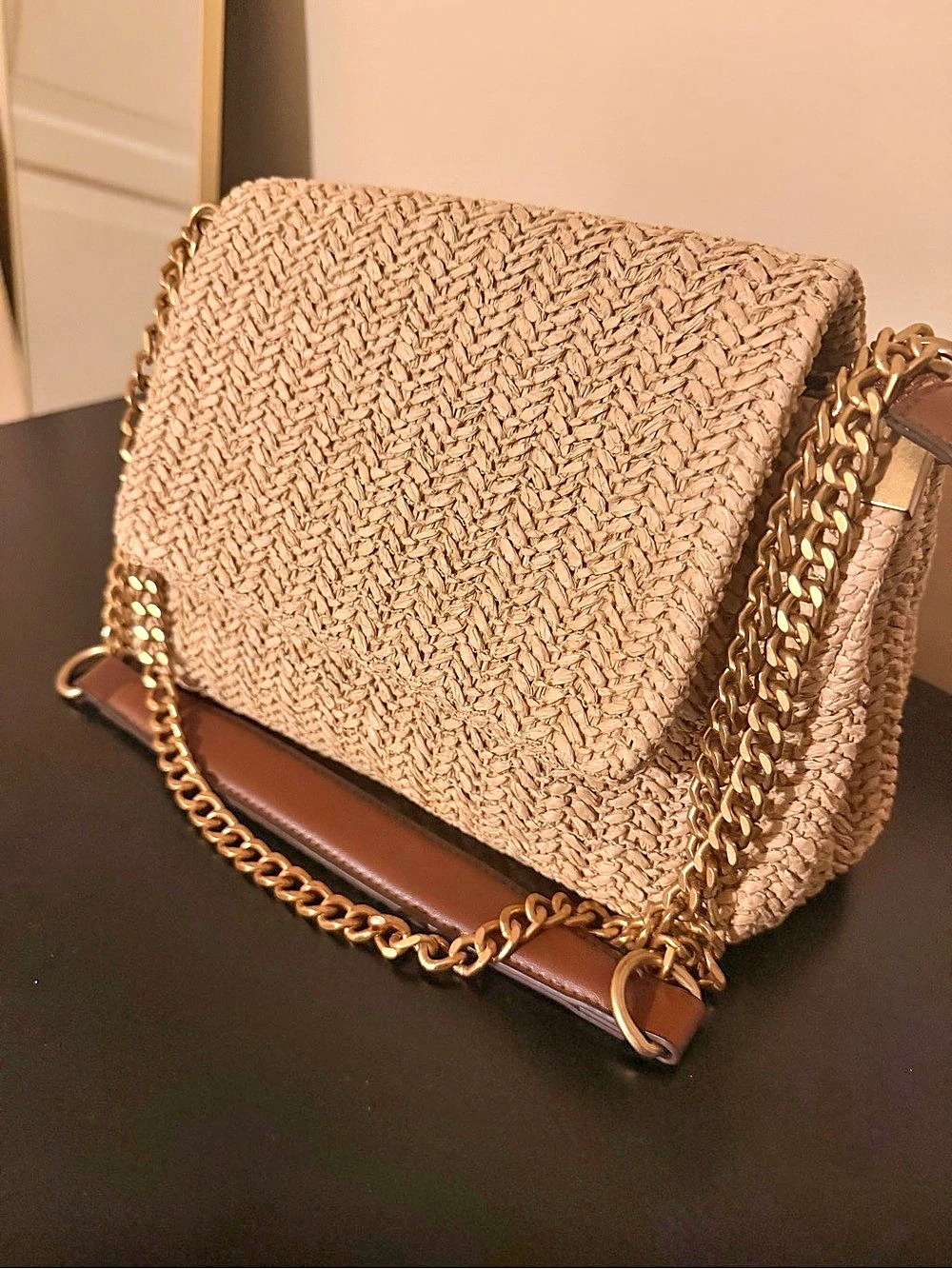 ZARA Woven Shoulder Bag in Beige & Brown